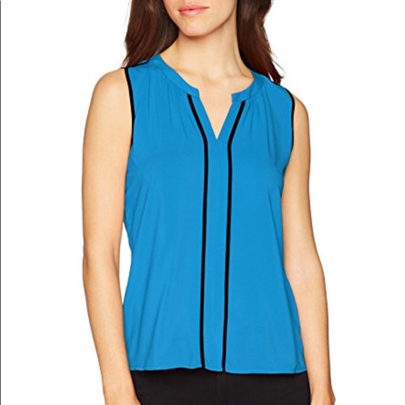 NWT Calvin Klein Blue Piped Sleeveless Blouse - Picture 4 of 8
